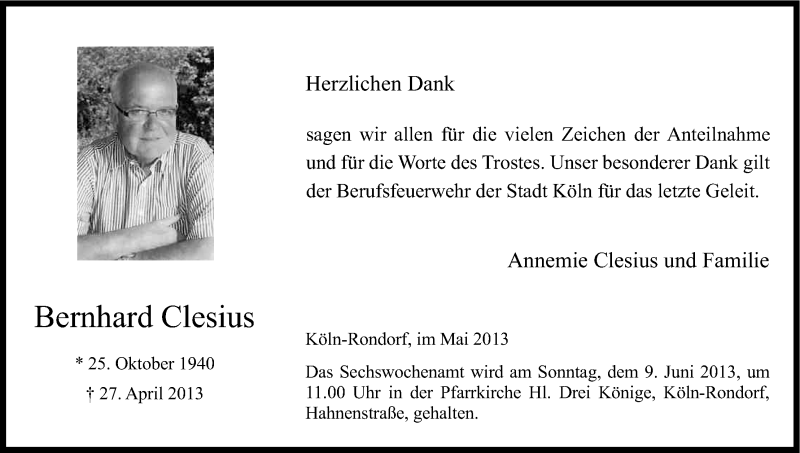  Traueranzeige für Bernhard Clesius vom 25.05.2013 aus Kölner Stadt-Anzeiger / Kölnische Rundschau / Express