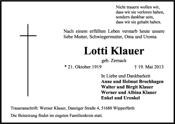 Anzeige von Lotti Klauer von Kölner Stadt-Anzeiger / Kölnische Rundschau / Express