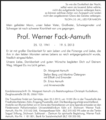 Anzeige von Werner Fack-Asmuth von Kölner Stadt-Anzeiger / Kölnische Rundschau / Express