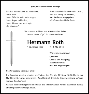 Anzeige von Hermann Roth von Kölner Stadt-Anzeiger / Kölnische Rundschau / Express