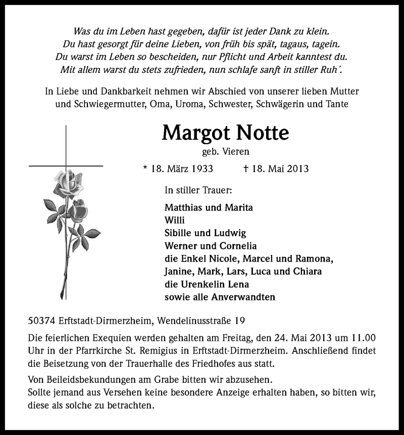  Traueranzeige für Margot Notte vom 22.05.2013 aus Kölner Stadt-Anzeiger / Kölnische Rundschau / Express
