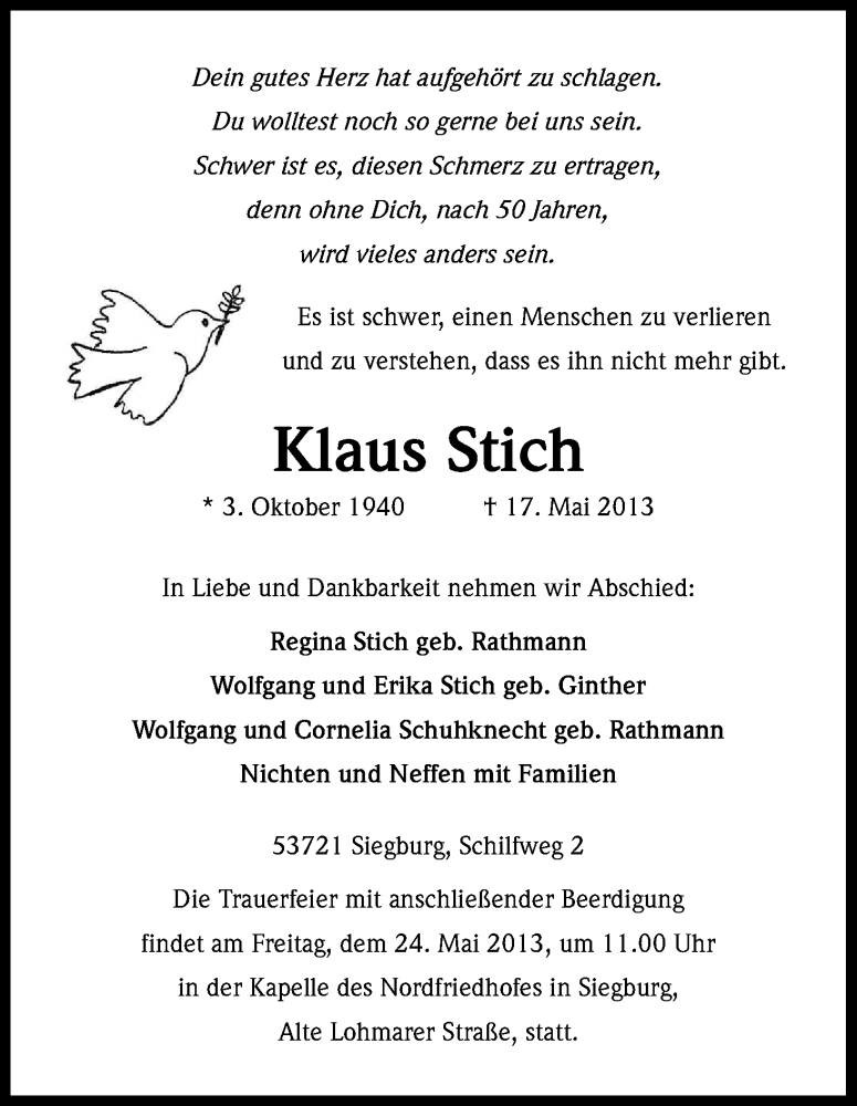  Traueranzeige für Klaus Stich vom 22.05.2013 aus Kölner Stadt-Anzeiger / Kölnische Rundschau / Express