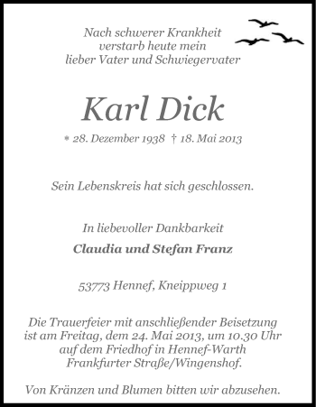 Anzeige von Karl Dick von Kölner Stadt-Anzeiger / Kölnische Rundschau / Express