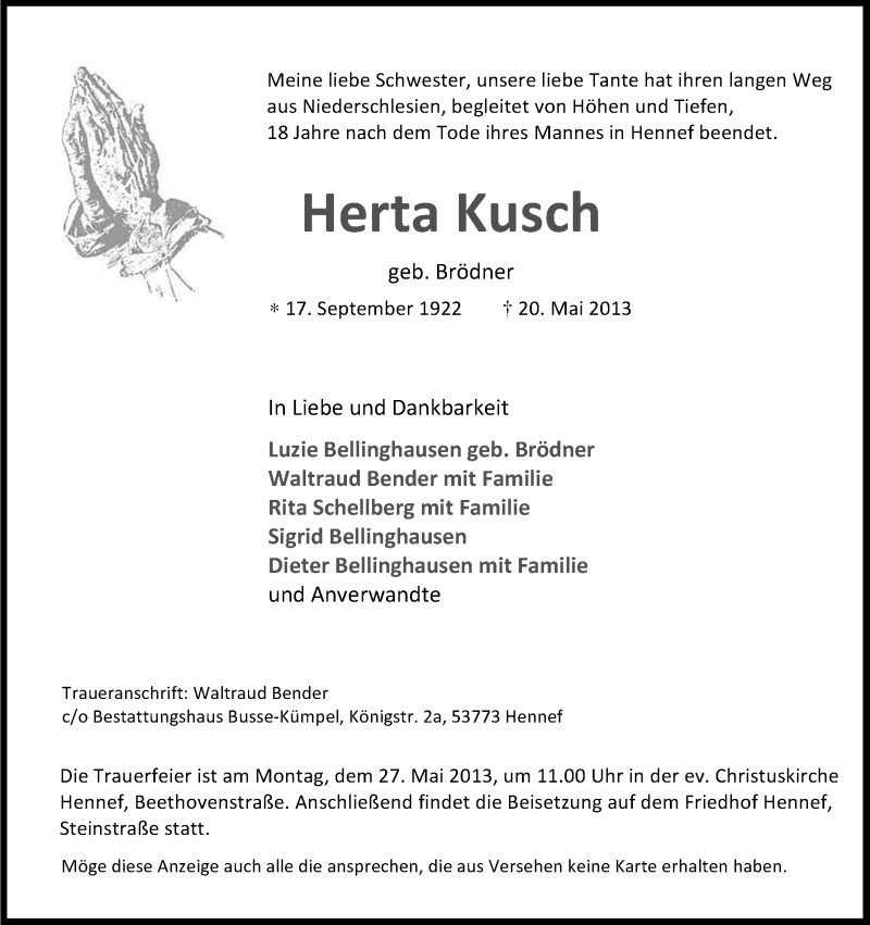  Traueranzeige für Herta Kusch vom 22.05.2013 aus Kölner Stadt-Anzeiger / Kölnische Rundschau / Express