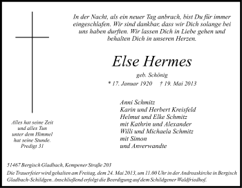 Anzeige von Else Hermes von Kölner Stadt-Anzeiger / Kölnische Rundschau / Express