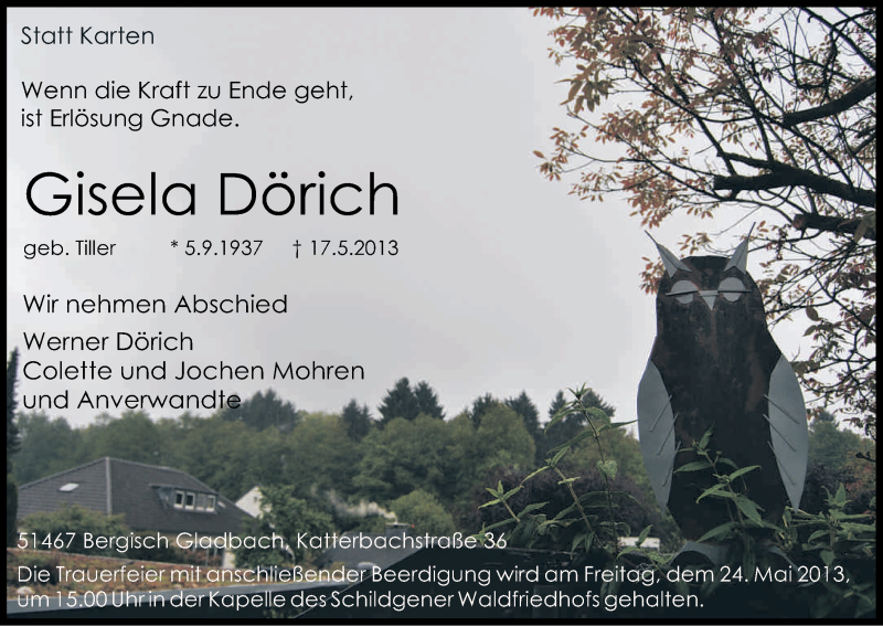  Traueranzeige für Gisela Dörich vom 22.05.2013 aus Kölner Stadt-Anzeiger / Kölnische Rundschau / Express