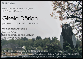 Anzeige von Gisela Dörich von Kölner Stadt-Anzeiger / Kölnische Rundschau / Express