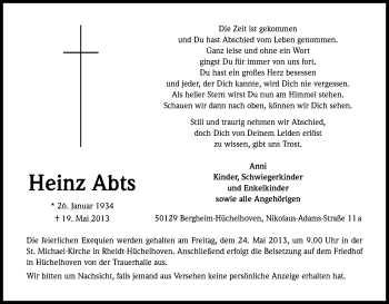 Anzeige von Heinz Abts von Kölner Stadt-Anzeiger / Kölnische Rundschau / Express