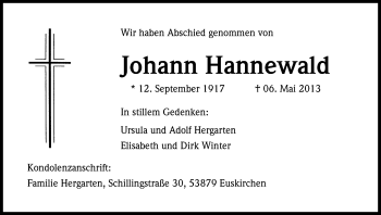 Anzeige von Johann Hannewald von Kölner Stadt-Anzeiger / Kölnische Rundschau / Express