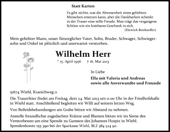 Anzeige von Wilhelm Herr von Kölner Stadt-Anzeiger / Kölnische Rundschau / Express