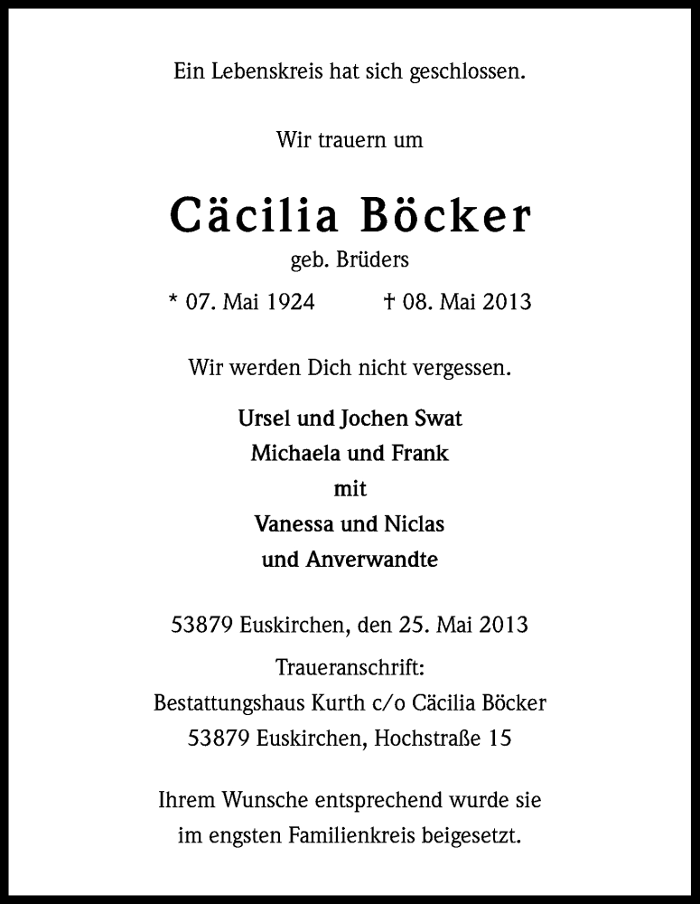  Traueranzeige für Cäcilia Böcker vom 25.05.2013 aus Kölner Stadt-Anzeiger / Kölnische Rundschau / Express