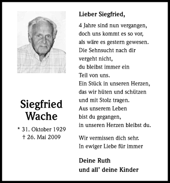 Anzeige von Siegfried Wache von Kölner Stadt-Anzeiger / Kölnische Rundschau / Express