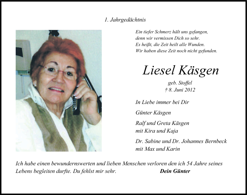  Traueranzeige für Liesel Käsgen vom 08.06.2013 aus Kölner Stadt-Anzeiger / Kölnische Rundschau / Express