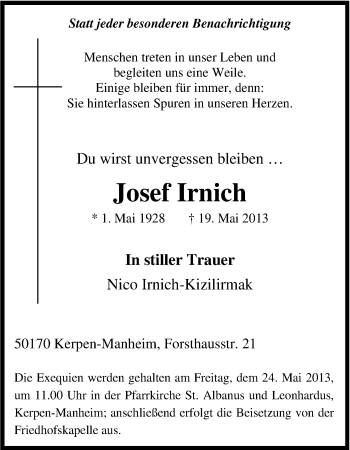 Anzeige von Josef Irnich von Kölner Stadt-Anzeiger / Kölnische Rundschau / Express