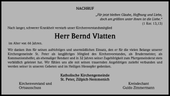 Anzeige von Bernd Vlatten von Kölner Stadt-Anzeiger / Kölnische Rundschau / Express