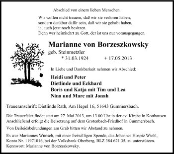 Anzeige von Marianne von Borzeszkowsky von Kölner Stadt-Anzeiger / Kölnische Rundschau / Express