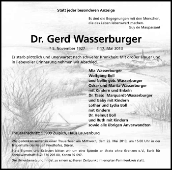 Anzeige von Gerd Wasserburger von Kölner Stadt-Anzeiger / Kölnische Rundschau / Express