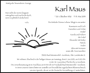 Anzeige von Karl Maus von Kölner Stadt-Anzeiger / Kölnische Rundschau / Express