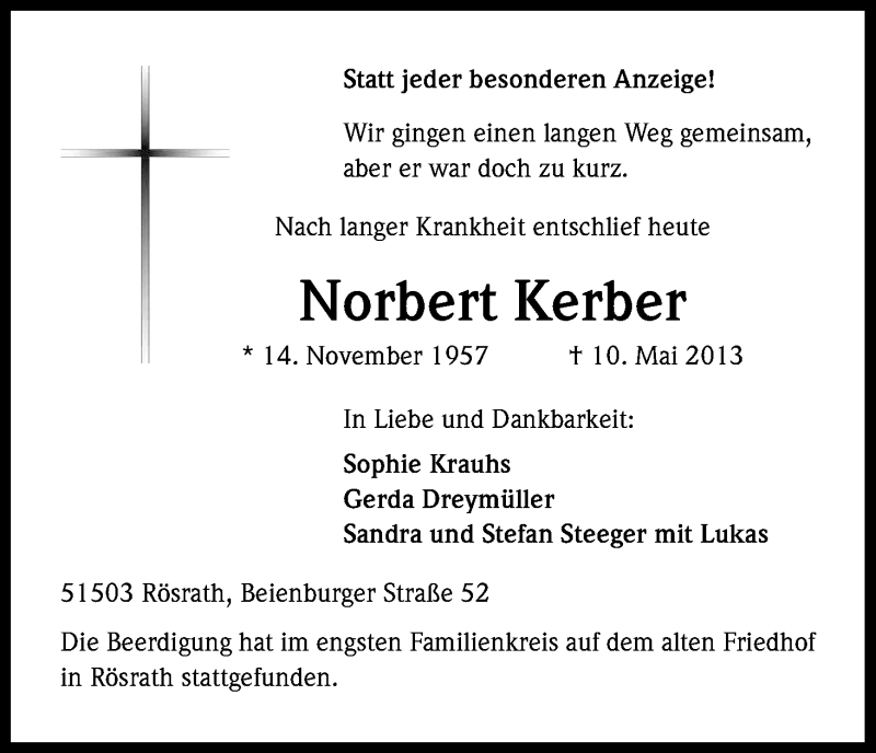  Traueranzeige für Norbert Kerber vom 25.05.2013 aus Kölner Stadt-Anzeiger / Kölnische Rundschau / Express