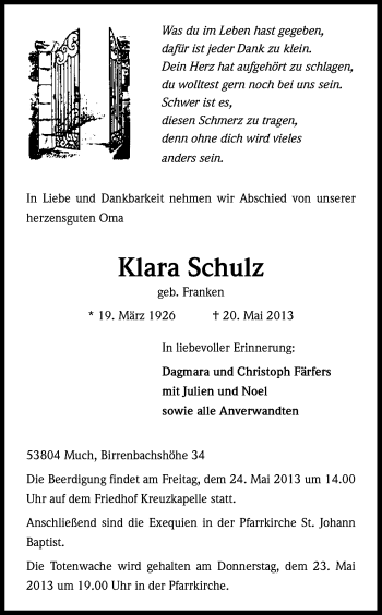 Anzeige von Klara Schulz von Kölner Stadt-Anzeiger / Kölnische Rundschau / Express