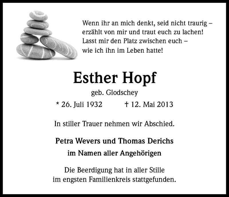  Traueranzeige für Esther Hopf vom 25.05.2013 aus Kölner Stadt-Anzeiger / Kölnische Rundschau / Express