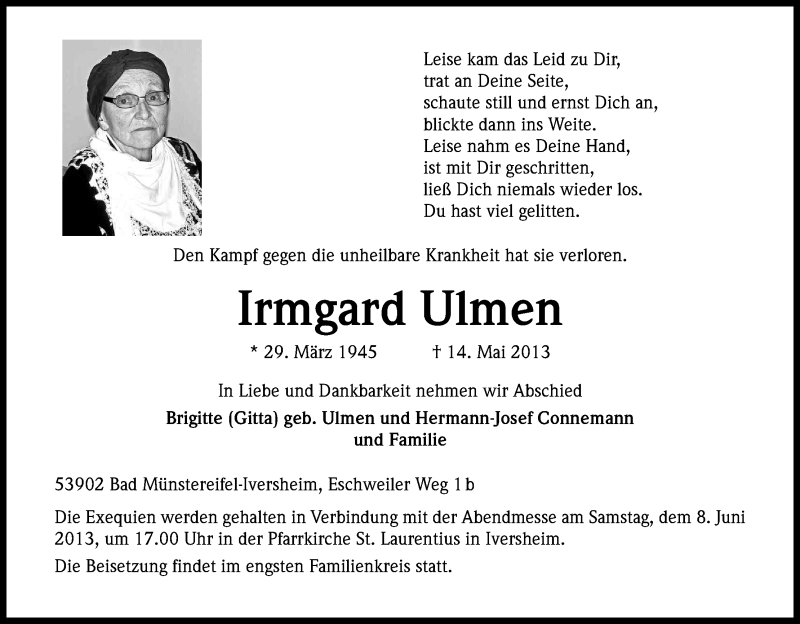  Traueranzeige für Irmgard Ulmen vom 01.06.2013 aus Kölner Stadt-Anzeiger / Kölnische Rundschau / Express