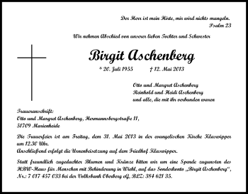 Anzeige von Birgit Aschenberg von Kölner Stadt-Anzeiger / Kölnische Rundschau / Express