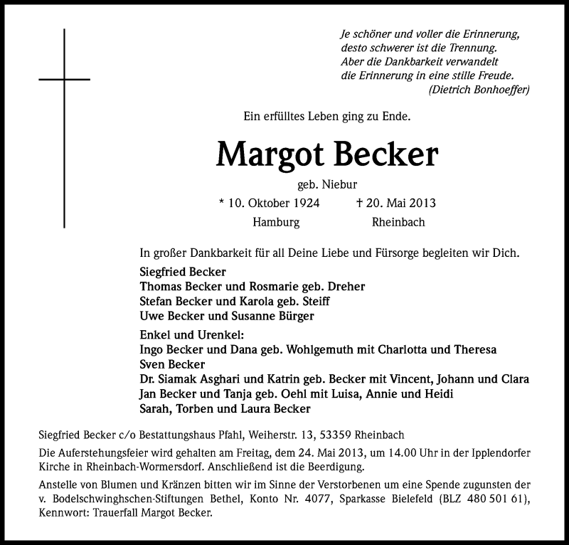  Traueranzeige für Margot Becker vom 22.05.2013 aus Kölner Stadt-Anzeiger / Kölnische Rundschau / Express