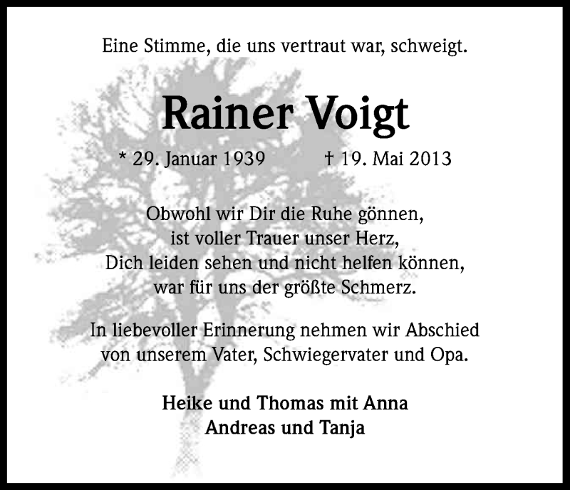  Traueranzeige für Rainer Voigt vom 23.05.2013 aus Kölner Stadt-Anzeiger / Kölnische Rundschau / Express