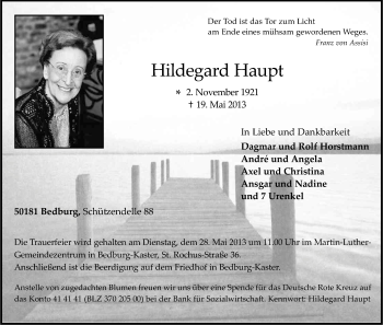 Anzeige von Hildegard Haupt von Kölner Stadt-Anzeiger / Kölnische Rundschau / Express