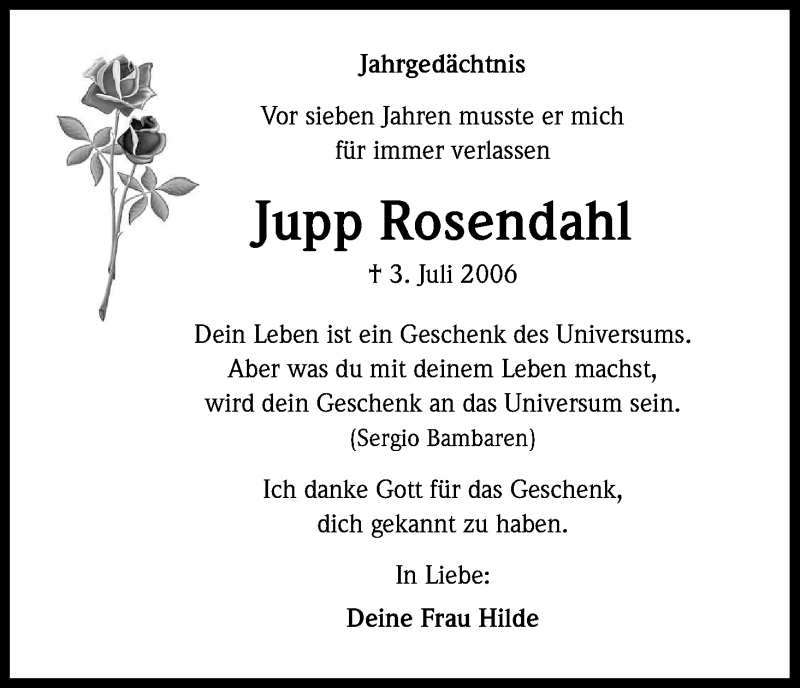  Traueranzeige für Jupp Rosendahl vom 03.07.2013 aus Kölner Stadt-Anzeiger / Kölnische Rundschau / Express