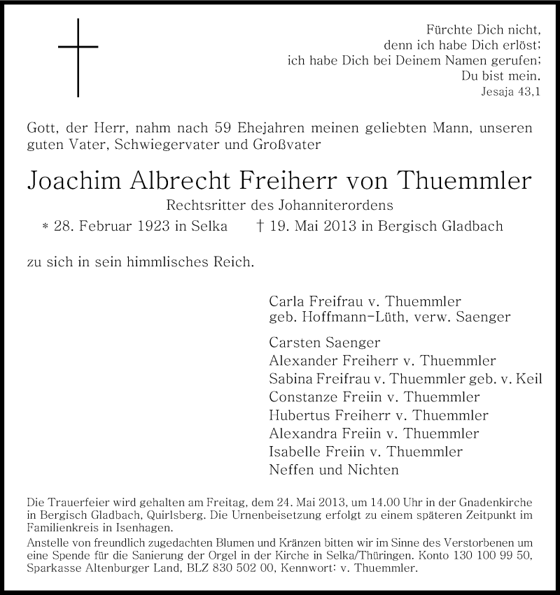 Traueranzeige für Joachim Albrecht Freiherr von Thuemmler vom 23.05.2013 aus Kölner Stadt-Anzeiger / Kölnische Rundschau / Express