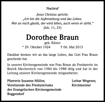 Anzeige von Dorothee Braun von Kölner Stadt-Anzeiger / Kölnische Rundschau / Express