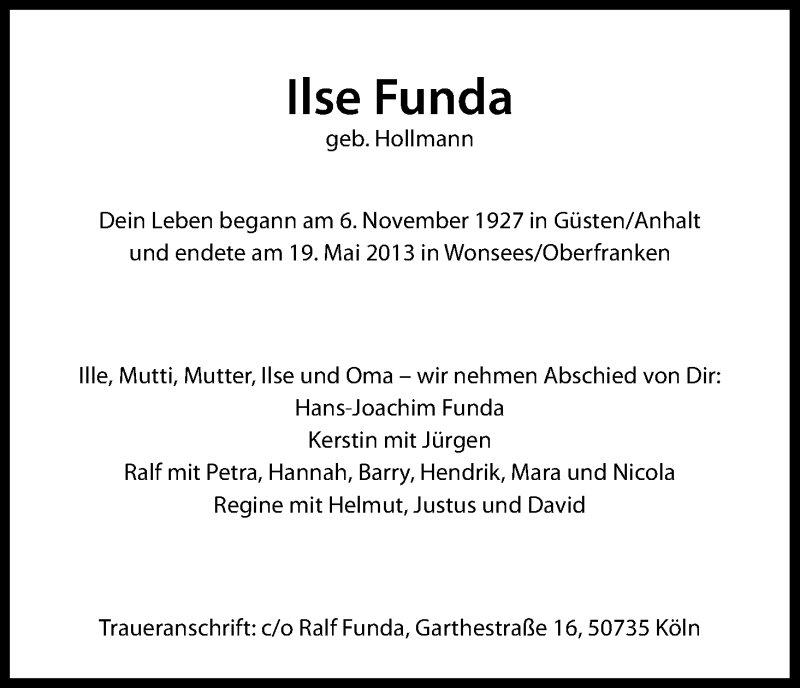  Traueranzeige für Ilse Funda vom 25.05.2013 aus Kölner Stadt-Anzeiger / Kölnische Rundschau / Express