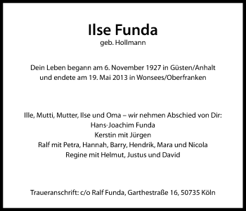 Anzeige von Ilse Funda von Kölner Stadt-Anzeiger / Kölnische Rundschau / Express