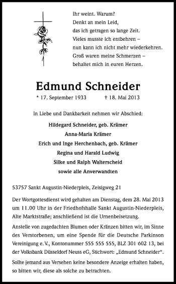 Anzeige von Edmund Schneider von Kölner Stadt-Anzeiger / Kölnische Rundschau / Express