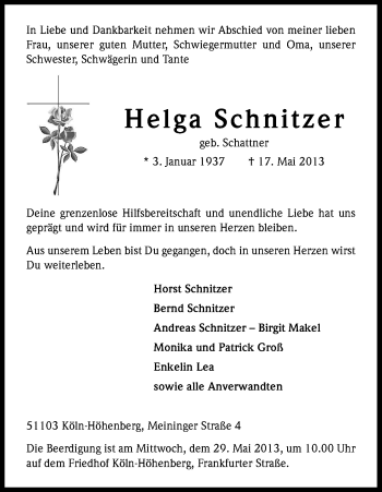Anzeige von Helga Schnitzer von Kölner Stadt-Anzeiger / Kölnische Rundschau / Express