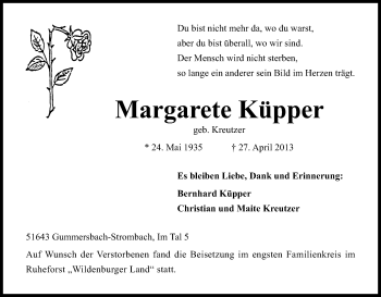 Anzeige von Margarete Küpper von Kölner Stadt-Anzeiger / Kölnische Rundschau / Express