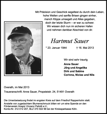 Anzeige von Hartmut Sauer von Kölner Stadt-Anzeiger / Kölnische Rundschau / Express
