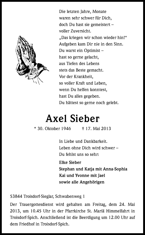  Traueranzeige für Axel Sieber vom 23.05.2013 aus Kölner Stadt-Anzeiger / Kölnische Rundschau / Express