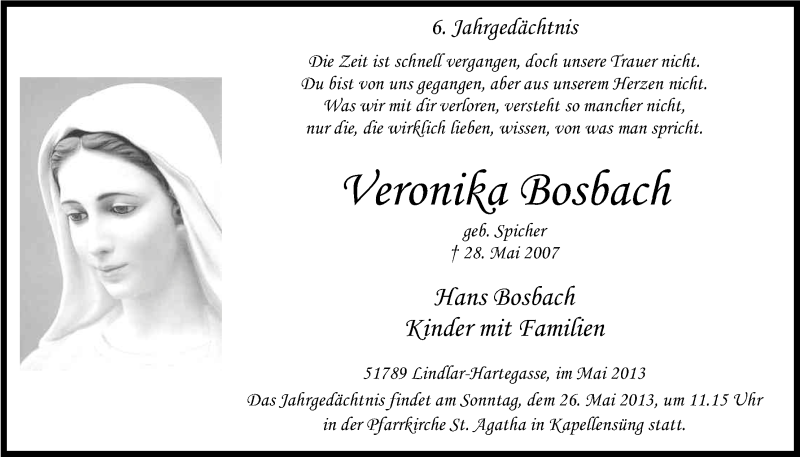  Traueranzeige für Veronika Bosbach vom 23.05.2013 aus Kölner Stadt-Anzeiger / Kölnische Rundschau / Express
