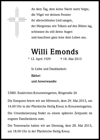Anzeige von Willi Emonds von Kölner Stadt-Anzeiger / Kölnische Rundschau / Express