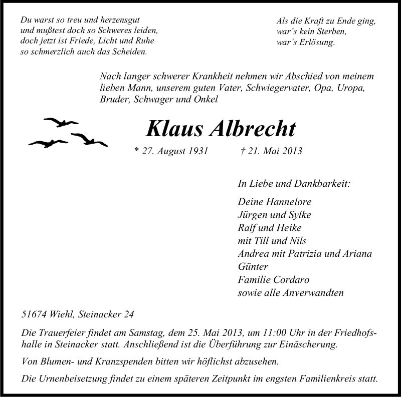  Traueranzeige für Klaus Albrecht vom 23.05.2013 aus Kölner Stadt-Anzeiger / Kölnische Rundschau / Express