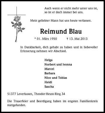 Anzeige von Reimund Blau von Kölner Stadt-Anzeiger / Kölnische Rundschau / Express