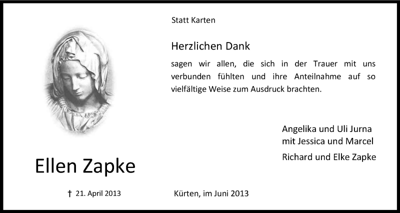  Traueranzeige für Ellen Zapke vom 08.06.2013 aus Kölner Stadt-Anzeiger / Kölnische Rundschau / Express