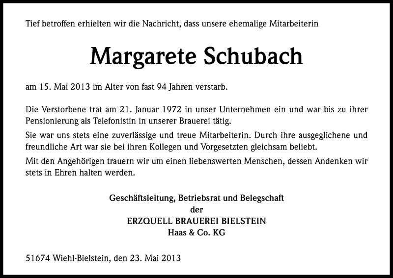  Traueranzeige für Margarete Schubach vom 23.05.2013 aus Kölner Stadt-Anzeiger / Kölnische Rundschau / Express