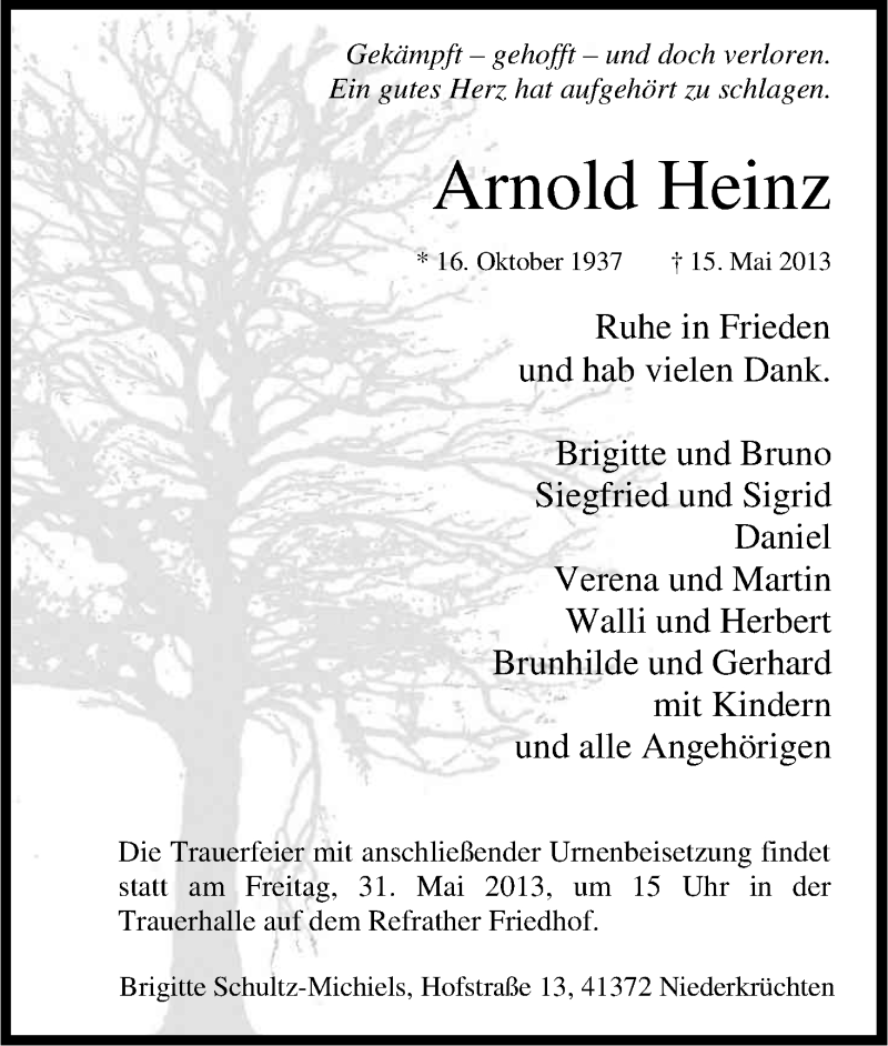  Traueranzeige für Arnold Heinz vom 23.05.2013 aus Kölner Stadt-Anzeiger / Kölnische Rundschau / Express