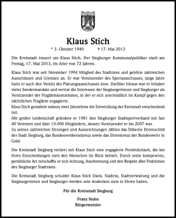 Anzeige von Klaus Stich von Kölner Stadt-Anzeiger / Kölnische Rundschau / Express