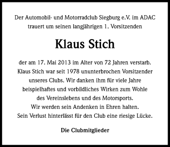 Anzeige von Klaus Stich von Kölner Stadt-Anzeiger / Kölnische Rundschau / Express