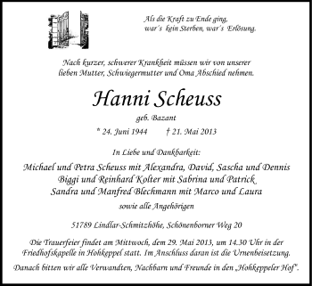 Anzeige von Hanni Scheuss von Kölner Stadt-Anzeiger / Kölnische Rundschau / Express